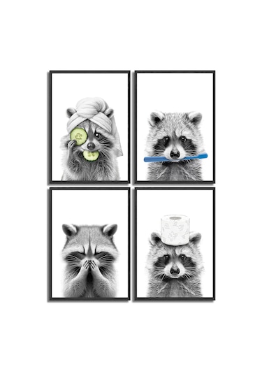 Yaleker Ev Dekorasyonu Banyo Duvar Sanatı: Zürafa Köpek Fil Figürlü Komik Posterler 4 Adet , 25x20 Cm, Duşakabin Ve Banyo Dekoru Siyah