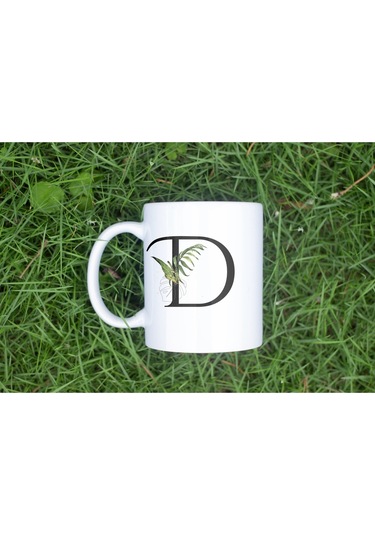 D Harf Zarif Yaprak Desenli Kupa Bardak - Naturel Sade Alfabe Harfli Bardak - Kişiye Özel Hediye Beyaz