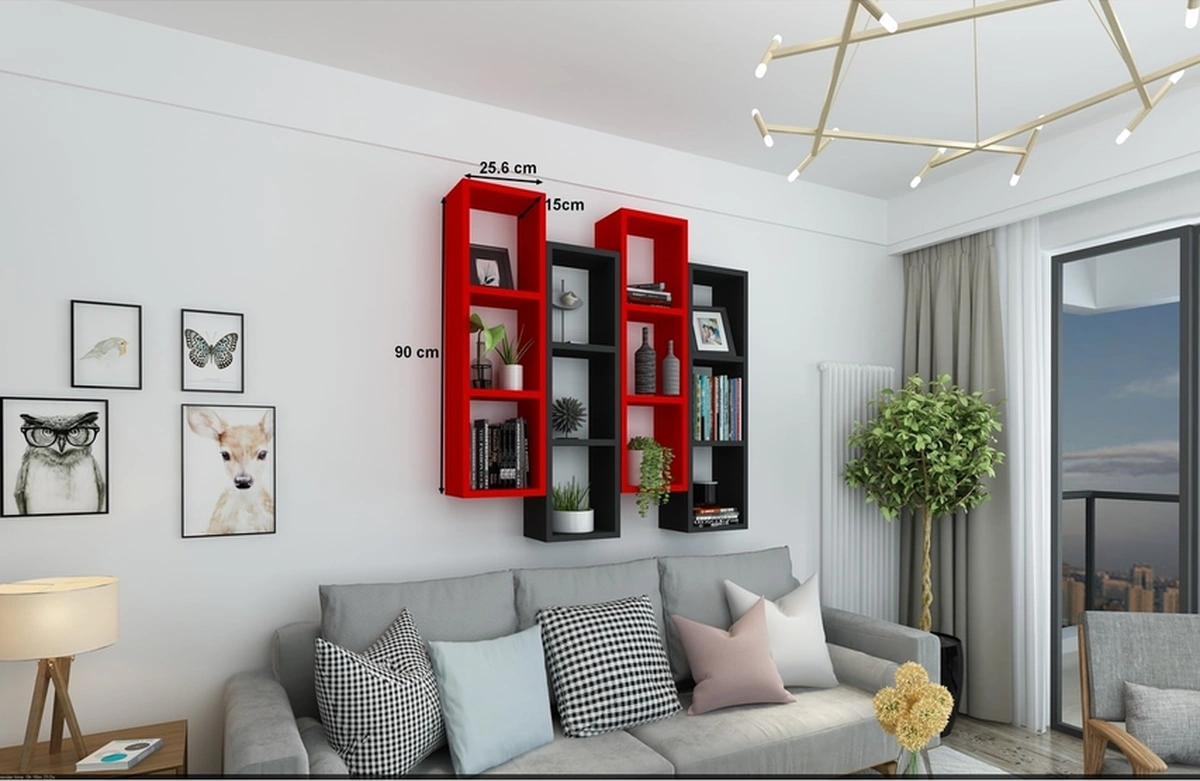 Kitaplık Modern Ev Duvar Rafı Kırmızı Siyah 4 Lü Takım Kırmızı-siyah
