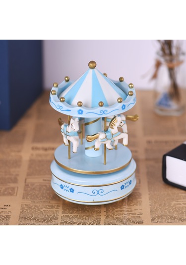 Mufunye Mavi Mekanik Müzik Kutusu - Çarkıfelek Desenli, Sürekli Döner Atlar Ve Güzeldi R Klasik Melodi Melodi Rastgele Mavi