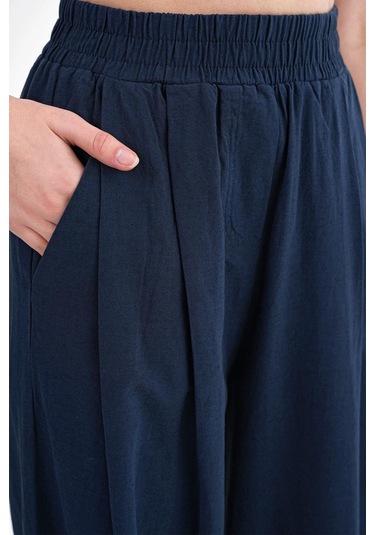 4682 Kadın Beli Lastikli Jogger Bol Keten Pantolon Lacivert Lacivert