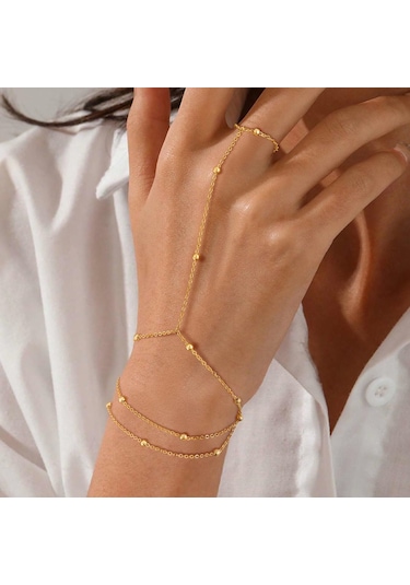 Fosenze 14k Altın Kaplama Kadın Bilezik, Toplu Zincirli Tasarım, Yüzük Özellikli, Ayarlanabilir, Alerjiye Duyarsız, Leydikler İçin Hediyelik Gümüşsüz Mücevher Altın