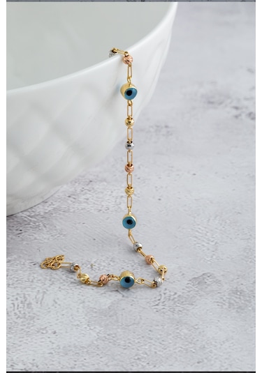 14 Ayar Altın Üç Renk Toplu Nazar Boncuk Tasarım Ataç Zincirli Sarı Altın