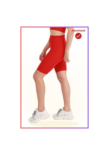 Kadın Yüksek Bel Toparlayıcı Tayt Kısa Spor Şort Deniz Havuz Spor Biker Shorts Kırmızı 1070 Kırmızı