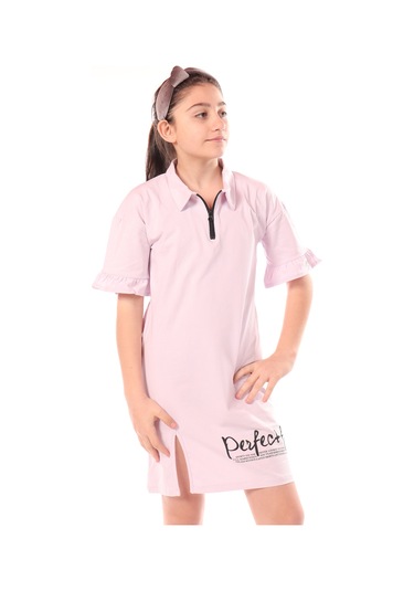 Toontoy Kız Çocuk Yakalı Fermuar Detaylı Perfect Fit Baskılı Elbise Açık Lila