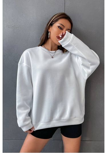 Modagen Unisex Beyaz Brooklyn 1898 Baskılı Bisiklet Yaka Oversize Sweatshirt Beyaz