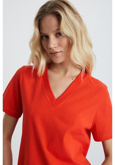 GRIMELANGE Alıne Kadın %100 Organik Pamuk Derin V Yakalı Comfort Fit Kırmızı T-shirt Kırmızı
