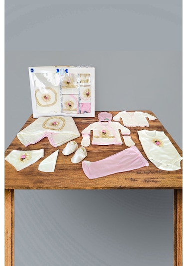 Pembe Çiçekli 10 Parça Hastane Çıkışı Kız Bebek Giyim Ekru - Pembe