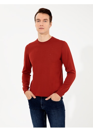 Cacharel Koyu Kiremit Slim Fit Bisiklet Yaka Basic Triko Kazak Kırmızı