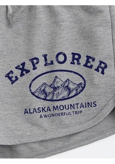 Gri Explorer Bermuda Penye Şort Kordonlu Baskılı Gri