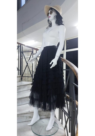 Bohem Stil Özel Tasarım Kabarık Tüllü Cindy Astarlı Etek 100 Cm -8902 Siyah
