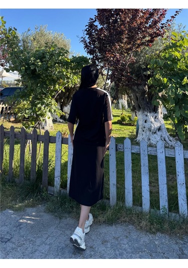 Siyah Polyester Keten Çizgili Yandan Takım Siyah