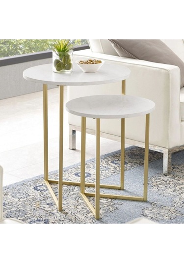 İkili Yuvarlak Doğal Ahşap Zigon Sehpa Gold