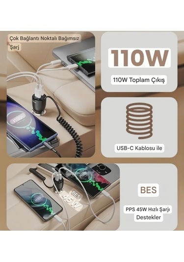 Toocki 110w Yaylı Şarj Kablolu 3 Girişli Type-c Ve Usb Hızlı