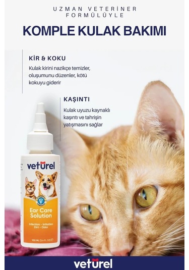 Veturel Köpek Kulak Temizleme Solüsyon Kir Enfeksiyon Kaşıntı Koku Kulak Uyuzu 100 ML + Disk Pamuk 50'li