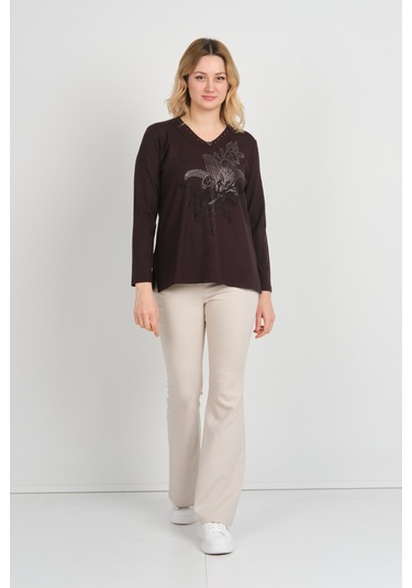 Detay Triko Kadın Önü Taş Süslemeli Yakası Boncuk Detaylı Uzun Kol Anne Bluz 5747 Kahverengi Kahverengi