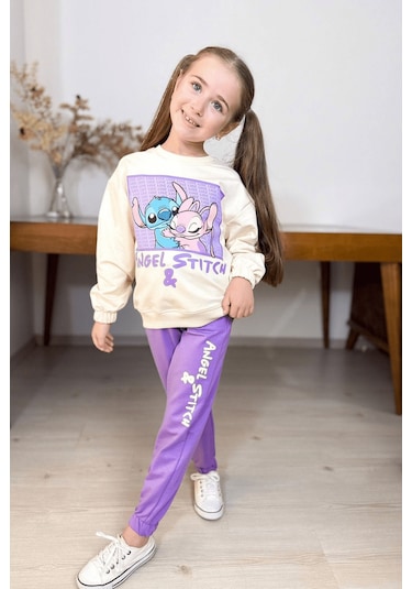 3-10 Yaş Stitch Love Baskılı Cepli Kız Çocuk Takım Lila Lila