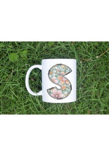 S Harfli Pastel Çiçek Desenli Kahve Kupası - Kişiye Özel Çiçekler Koleksiyonu Bardak - Hediye Beyaz