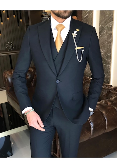 İtalyan stil slim fit erkek ceket yelek pantolon takım elbise lacivert T9134-Lacivert
