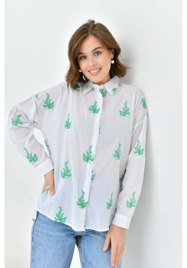 Kadın Yeşil Çiçek Nakış İşlemeli İnce Pamuk Gömlek Yeşil