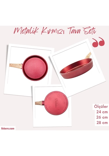 Febern Premium Bio Granit Alüminyum Döküm Nisch Tava Seti Metalik Kırmızı-açık Ahşap Kulp