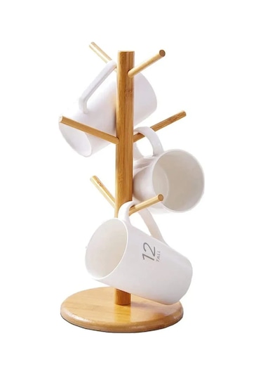 Vkemall Bambu Kupa Rakusu - 6 Bardaklı Organik Malzeme, Anti Kayma Tabanlı, Mutfak Düzenleyici, Doğa Stilinde Ahşap Rengi