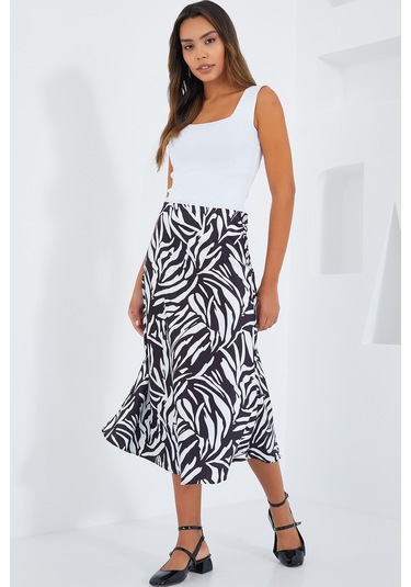 Kadın Siyah Beyaz Desenli Saten Etek 15806 15806bgd19-741-14927 001