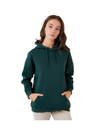 Lela Regular Fit Pamuklu Kapüşonlu Yaka Şardonlu Kışlık Bayan Sweat 5863854 Nefti