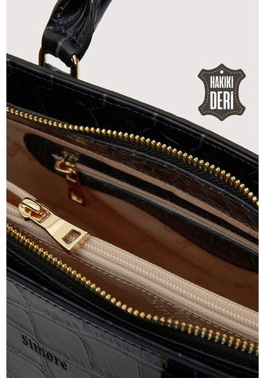 Hakiki Deri Kadın El Çantası Siyah Kroko Smr7922 Siyah Kroko