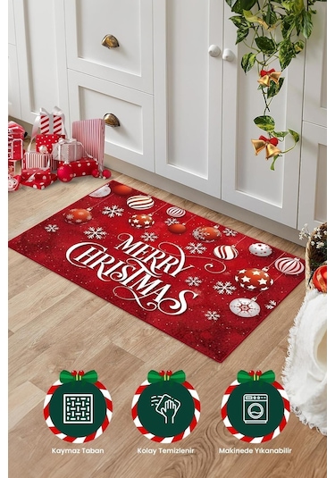 Brillahome Yılbaşı Desenli Kırmızı Kapı Önü Paspası, Yılbaşı Kapı Paspası 45x70cm Kırmızı