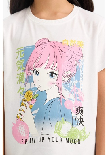 Defacto Kız Çocuk Bisiklet Yaka Anime Baskılı Kısa Kollu Tişört E0350a825smwt34 Beyaz