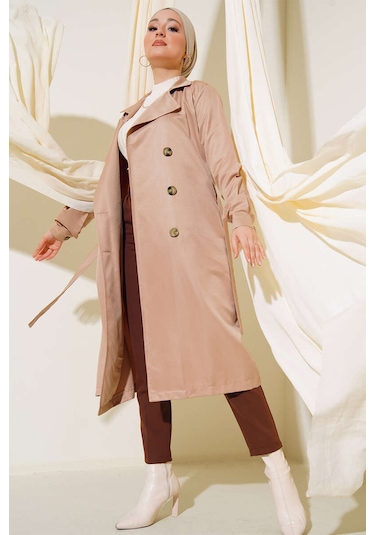 Bigdart T5853 Kruvaze Yaka Tesettür Trençkot - Vizon 001