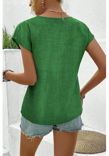 Reka Moda Kadın Kısa Kollu V Yakalı Düğmeli Keten Bluz Yeşil