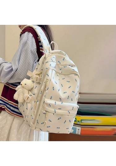 Oldfriend Orchid Askı Aksesuarlı Çilek Baskılı Kalp Kesmeli Sırt Çantası Geniş Kapasiteli Orkide + Asılı Süs - 2 Parça