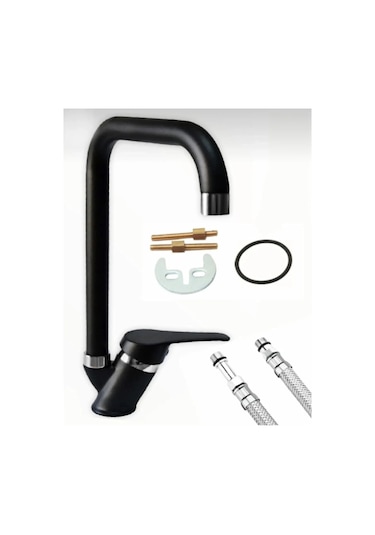 Vsa Siyah Köşe Boru Mix Mutfak Evye Bataryası 5 Yıl Garanti Musluk Siyah