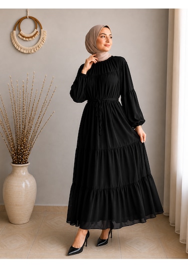 Efulim Womens İpli - Astarlı Salaş Şifon Tesettür Elbise Siyah Efulim Womens İpli - Astarlı Salaş Şifon Tesettür Elbise Siyah