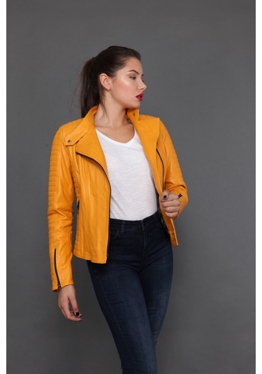 Hakiki Deri Sarı Kadın Ceket Sarı