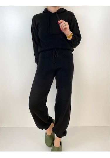 Modaonna Kadın Siyah Triko Bluz Jogger Pantolon Takım Siyah