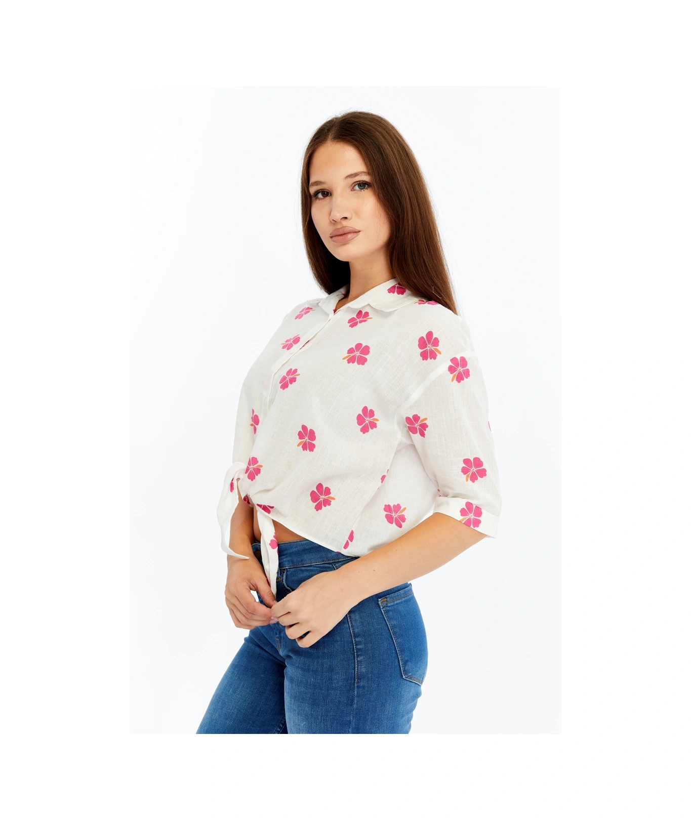 Kadın Çiçek Desenli Bağlamalı Kısa Kollu Gömlek Yazlık Hafif Kumaş Beyaz Pembe