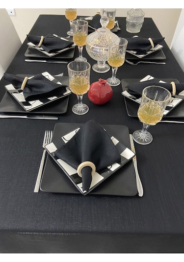 Keten Görünümlü Simli Begonvil Masa Örtüsü Siyah 25 Parça