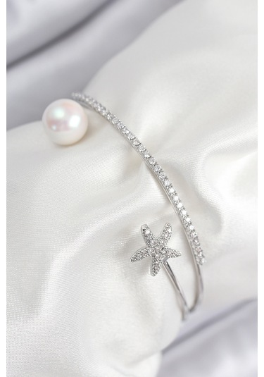 Pirinç Zirkon Taşlı Yıldız Ve İnci Model Gümüş Renk Kadın Bileklik Çok Renkli