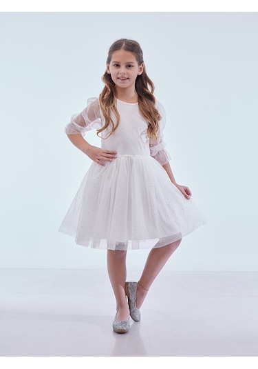 Ahengim Kız Çocuk Yıldız Baskılı Trend Tül Elbise Ak2246 Beyaz