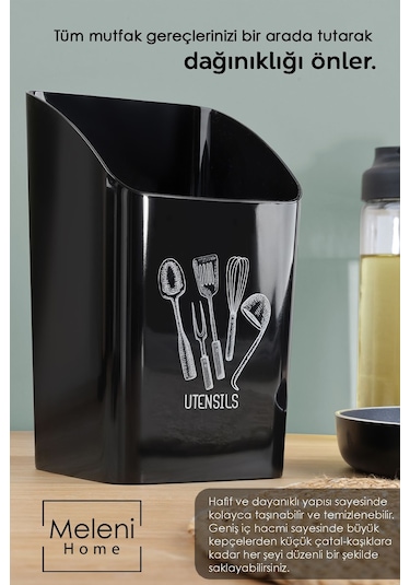 Tezgah Üstü Kaşıklık - Mutfak Organizer Düzenleyici Kepçelik Kaşık Bıçak Standı Siyah Beyaz - Siyah