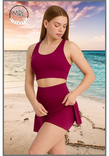 Kadın Şort Etekli Mayo Takım Üst Crop Sabit Pedli Çabuk Kuruyan Kumaş Plaj Giyim Mürdüm Takım Mürdüm