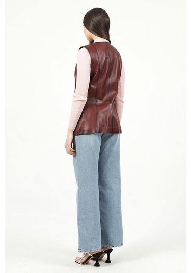 Dericlub Yb-2017 Gerçek Deri Kadın Yelek Bordo