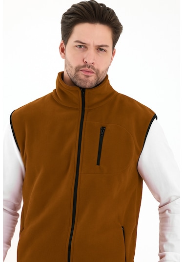 Erkek Tam Fermuarlı Spor Polar Yelek Camel