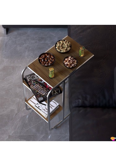 Modilayn C Yan Sehpa Dar Boy Tekerlekli Çalışma, Atıştırmalık, Yemek, Laptop Sehpası Ceviz Kahverengi