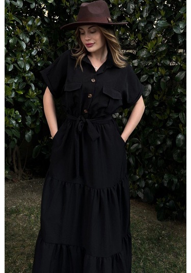 Siyah Kısa Kol, Airobin Kumaş, Yarım Patlı, Kemerli/kuşaklı, Eteği Pliseli, Cepli Maxi Uzun Elbise Siyah