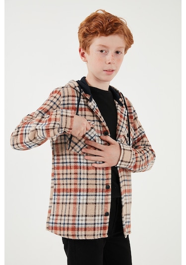 Lela Kapüşonlu Çift Cepli Ekoseli Kışlık Oduncu Erkek Çocuk Gömlek Cf24W81778 Bej-Taba