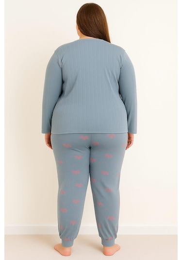 Kadın Büyük Beden 0242 Raporlu Pijama Takımı İndigo İndigo
